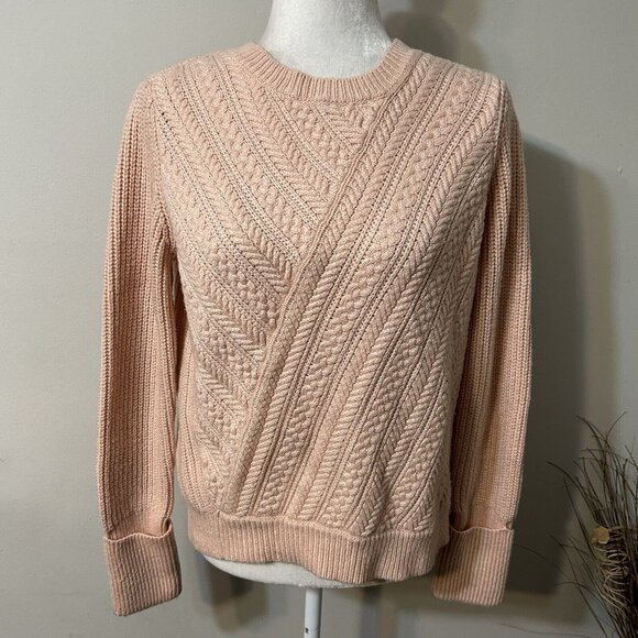 BCBG MAXAZRIA Caleigh Pink Salmon Thick Cable Knit Long Cuffed Sleeve Sweater M - Picture 1 of 6
